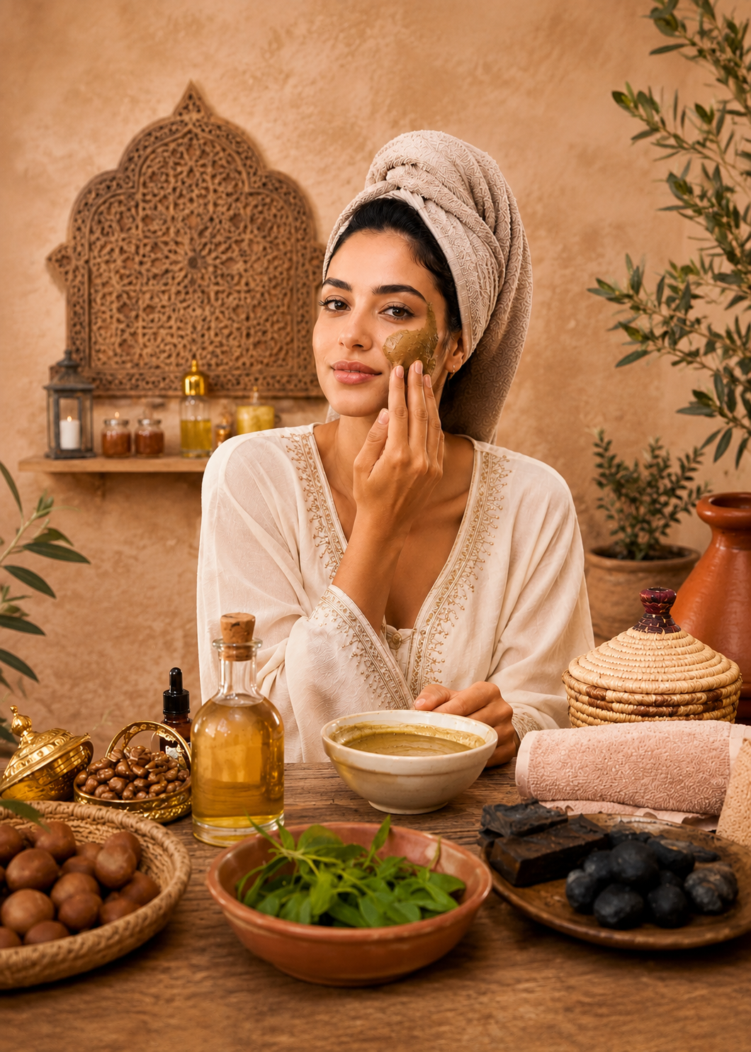 Collection de cosmétiques naturels marocains avec huile d'argan, savon noir, ghassoul et soins traditionnels disponibles sur Atlas Products, la marketplace des produits marocains en ligne.
