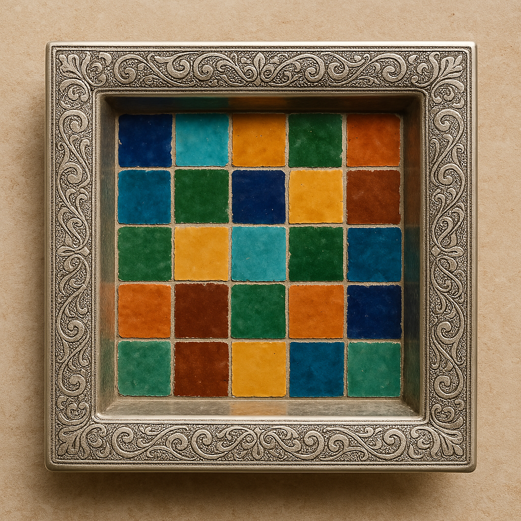 Cadre décoratif carré en zellige marocain fabriqué à la main avec carreaux en céramique colorés. Décoration artisanale authentique du Maroc disponible sur WebAtlas.
