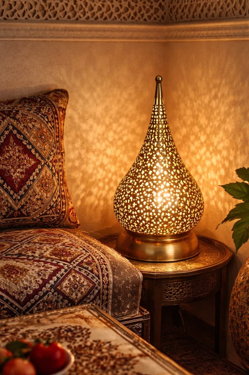 Lampe marocaine sur pied en cuivre ajouré fabriquée à la main par Coopérative Cuivre de Fès