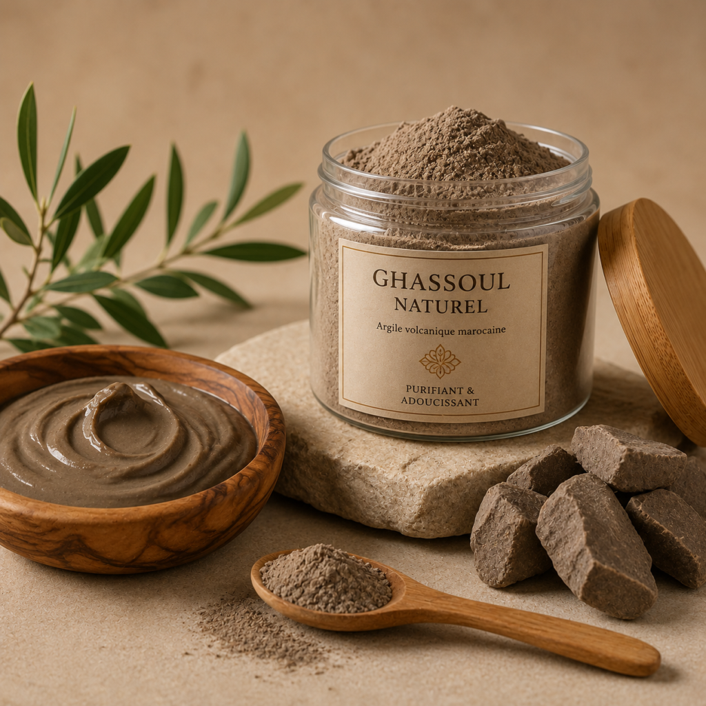 Ghassoul naturel marocain présenté dans un pot en verre avec poudre d'argile et ingrédients naturels.