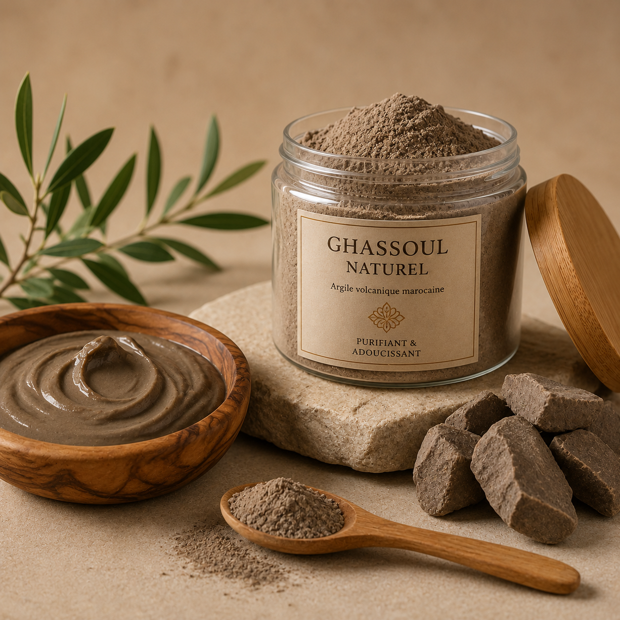 Ghassoul naturel marocain présenté dans un pot en verre avec poudre d'argile et ingrédients naturels.
