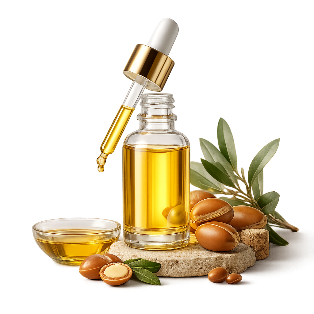 Huile d'argan cosmétique naturelle de la Coopérative TAMO présentée dans un flacon en verre avec pipette.