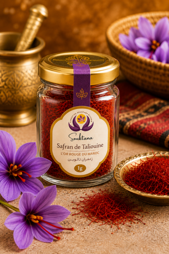 Pot de safran de Taliouine 1 g de la Coopérative Souktana, l'or rouge du Maroc.