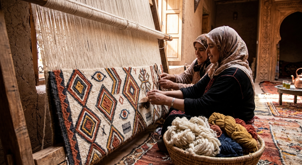 Deux femmes artisanes marocaines tissant à la main un tapis berbère traditionnel sur un métier à tisser en bois.