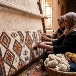 Deux femmes artisanes marocaines tissant à la main un tapis berbère traditionnel sur un métier à tisser en bois.